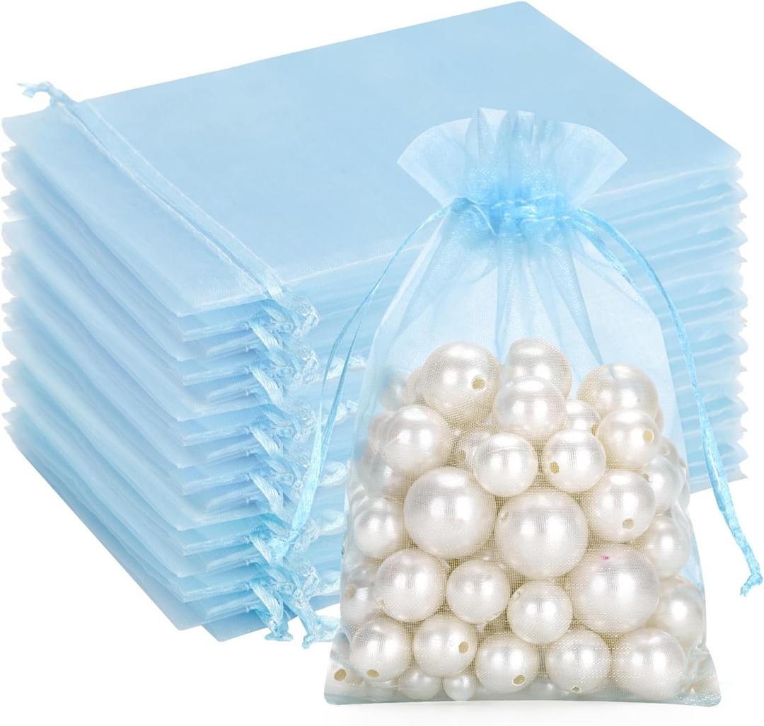 G2PLUS Blue Organza Bags 4x6 in, 100PCS Drawstring Organza Bags, Sheer Mesh Jewelry Pouches, Baby Blue Sheer Candy Pouches for Baby Shower, Bridal Shower, Wedding Party Favors