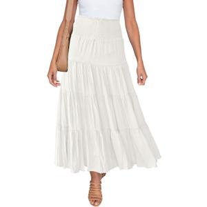 HAEOF Women's Summer Flowy Boho Maxi Skirt Trendy Drawstring Elastic High Waist Pleated Tiered A Line Beach Long Skirts (White) L