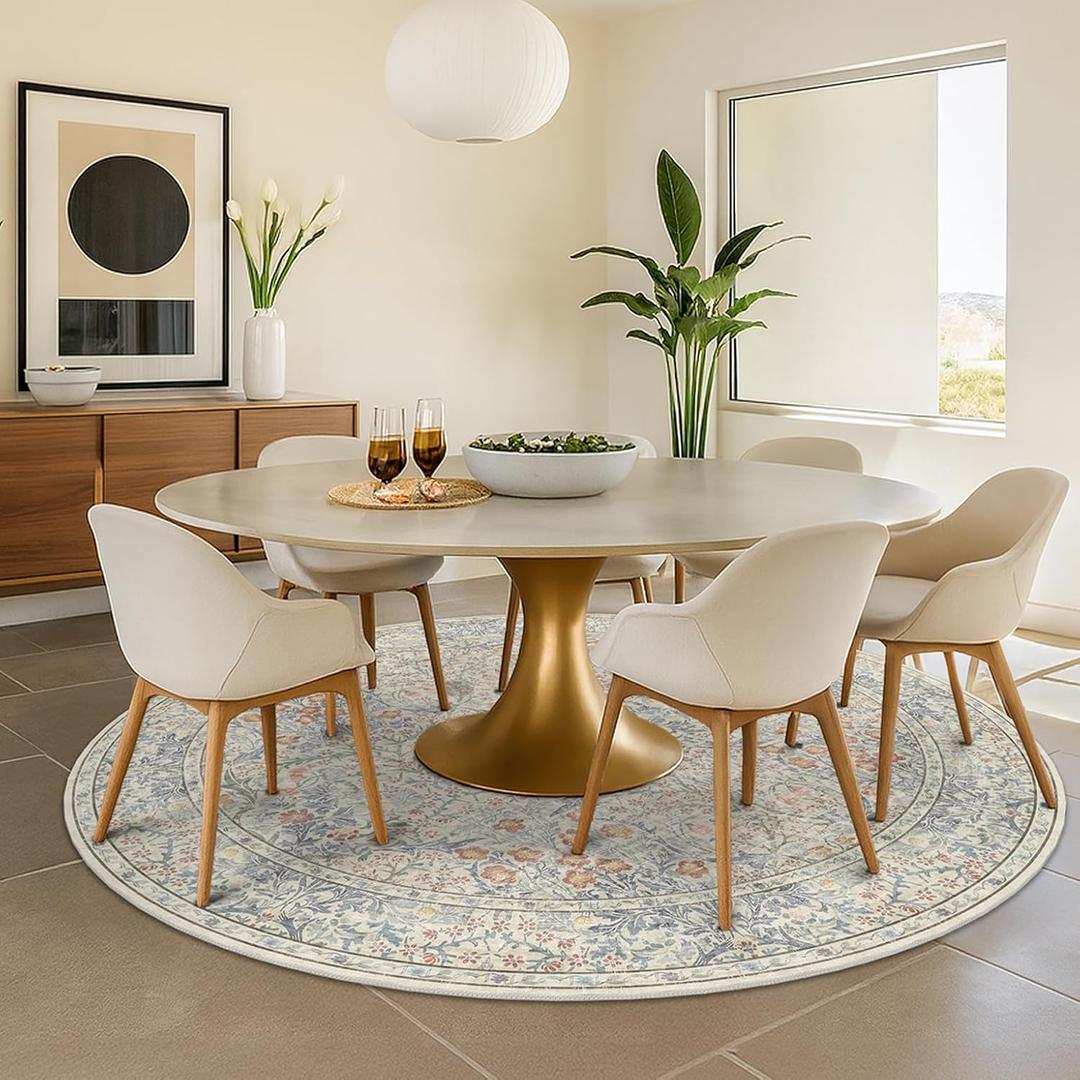 Hazo Haus Classic 7ft Round Beige Blue Rugs for Living Room - Washable Non Slip Floral Area Rugs for Bedroom, Dining Under Table, Kids Room, Home Office, Vintage Indoor Decor
