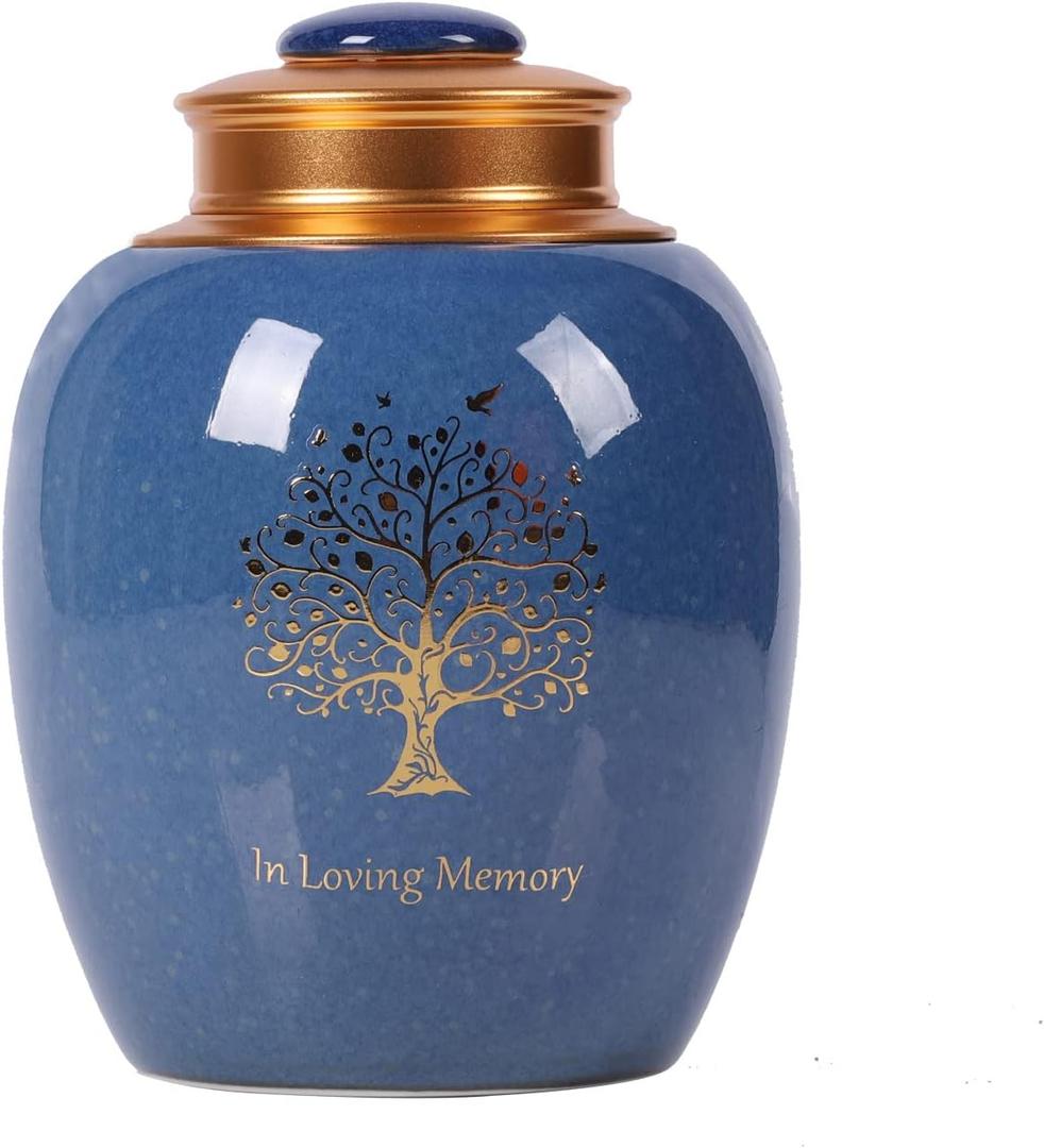 Medium Urn for Human Ashes - Tree o Life Handicrafted Cremation Urn - Small Urn Made of Ceramic - Hold 65 Cubic inches Human or Pet Ashes (Blue)