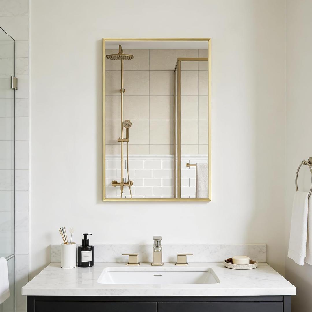 Bathroom Wall Mirror, 16" x 24" Brushed Gold Vanity Mirror for Over Sink