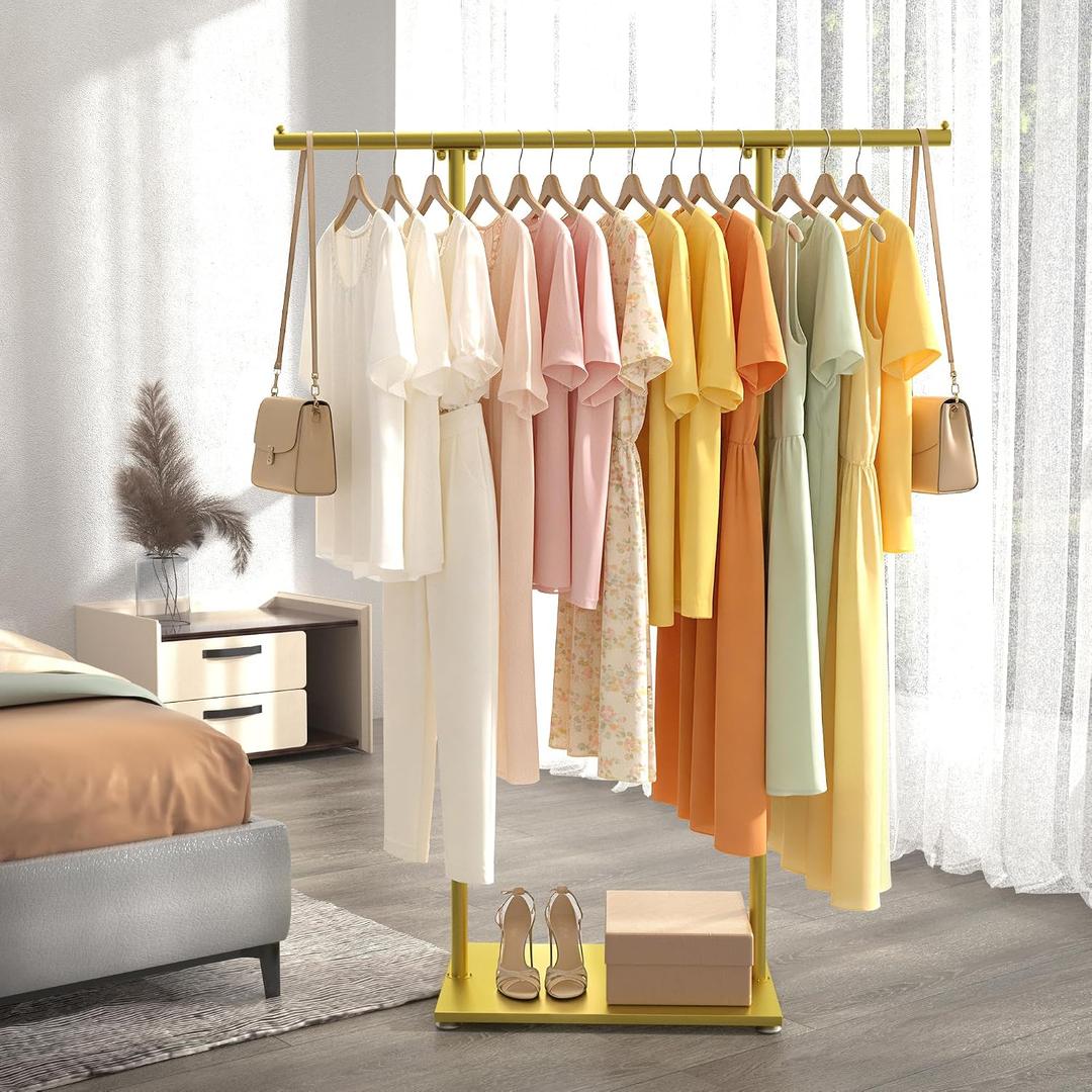 Gold Clothing Rack for Boutique, Gold Garment Rack, Double Pole Supported Stable Metal Retail Clothes Stand, Freestanding Clothes hanging Rack in Bedroom and Laundry Room