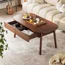 Oval Coffee Table with Storage - 39.4” Mid Century Modern Coffee Tables for Living Room, Farmhouse Wooden Center Table with 2 Drawers - Walnut Color, 39.4''W x 19.7''D