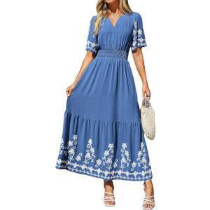 Simplee Women Summer Maxi Dress Formal Short Sleeve Embroidery Floral Boho Wedding Guest Tea Party V Neck Dresses 2026 (Small, Blue)
