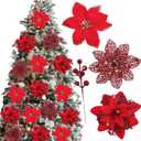 Asano Season 48 Pcs Fake Poinsettia Glitter Flowers and Berry Stems Artificial Red Christmas Flower with Clips Decoration for Xmas Tree Ornaments Party Wreath Decor (Red)