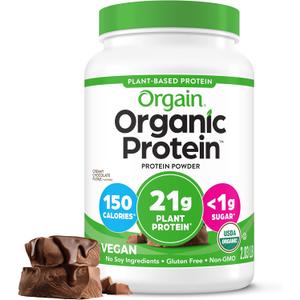Orgain Organic Vegan Protein Powder, Creamy Chocolate Fudge - 21g Plant Protein, 6g Prebiotic Fiber, Low Net Carb, No Lactose Ingredients, No Added Sugar, Non-GMO, For Shakes & Smoothies, 2.03 lb (EXP 08/19/26)