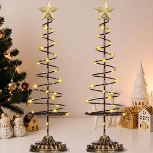 Yuefunny Set of 2 Lighted Christmas Tree Table Decoration with Golden Star Battery Operated Tabletop Prelit Mini Xmas Tree with LED Light up Desk Ornament for Home Mantel(Spiral,Gold)