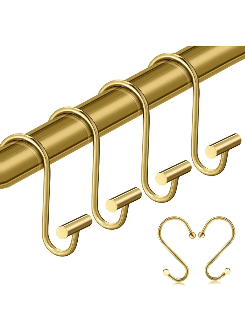 12 pcs Luxury Gold Shower Curtain Hooks, T-Bar Design Metal Towel Hook, Elegant S-Shaped Shower Hooks for Bathroom, Wardrobe, Kitchen, S Hooks for Hanging, Durable & Easy to Install