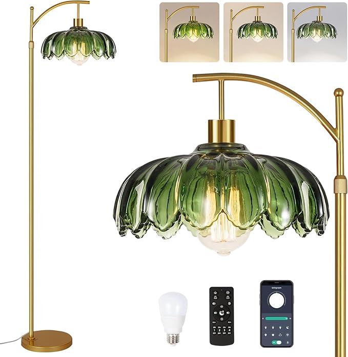 QIYIZM Glass Floor Lamp for Living Room,Bedroom,Gold Dimmable Standing Lamp with Remote,Mid Century Modern Brass Tall Lamp Boho Vintage Retro Floor Lamps Arc Green Flower Floor Light Lamp Bohemian