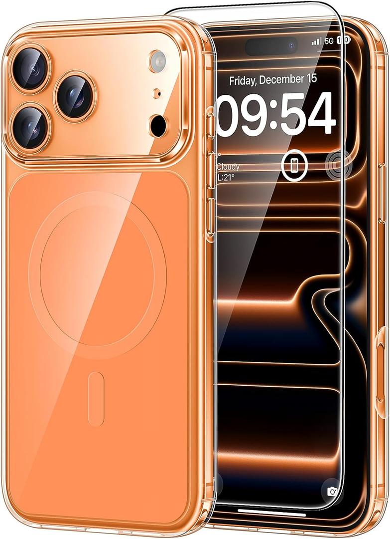 5 x TAURI Original Design for iPhone 17 Pro Case, Compatible with MagSafe with Screen Protector, Anti-Yellowing Military-Grade Protection Shockproof Magnetic iPhone 17 Pro Case, Clear Orange
