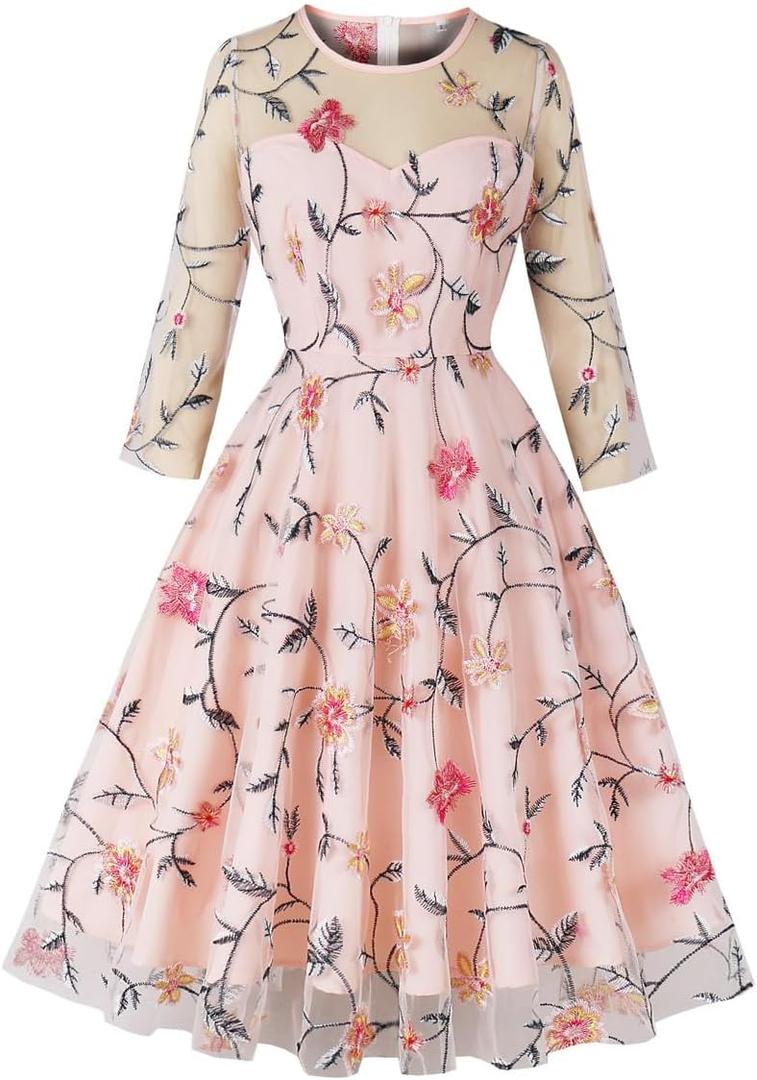 Mesh 3/4 Sleeve Floral Embroidery Dress for Women Flower Embroidered Tulle Prom Dress Illusion Cutout Back Homecoming Dresses, 2XL