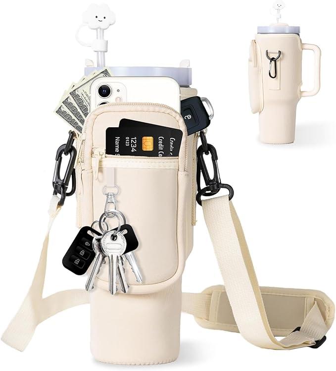 dabria Water Bottle Carrier Bag with Phone Pocket for Stanley 30 oz Tumbler Neoprene Water Bottle Holder Pouch with Adjustable Strap Bollus with Straw Cover & Carabiner for Stanley Cup Accessories (Cream)