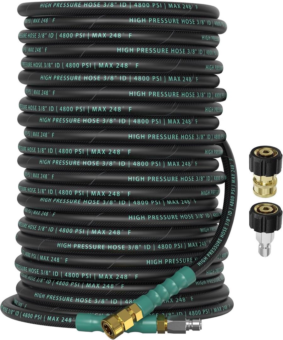 3/8" 4800PSI Pressure Washer Hose 150FT with 360° Swivel Quick Connect, Flexible Kink Resistant Steel Wire Braided & Durable Rubber for Hot/Cold Water, Power Washer Hose With M22 14mm Adapter