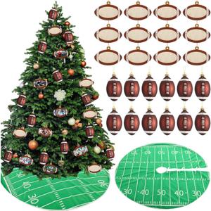 Syhood 26 Pcs Football Christmas Decor Set Include 12 Sports Ball Ornaments 36'' Print Christmas Tree Skirt 12 Wooden Mini Sports Ornaments and Rope for Home Xmas Holiday Party