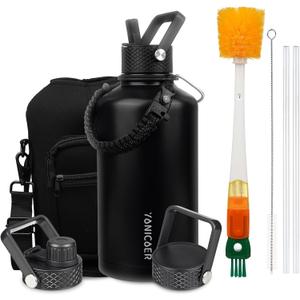 Insulated Water Bottle 87oz,Triple Wall Vacuum Stainless Steel(Dishwasher Safe),Leak Proof & Non-BPA,Flask Jug with Paracord Handle & Straw Spout Lids Sports Black