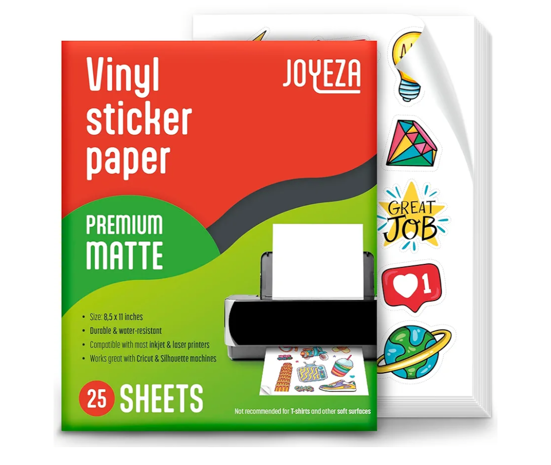JOYEZA Premium Printable Vinyl Sticker Paper for Inkjet Printer - 25 Sheets Matte White Waterproof, Dries Quickly Vivid Colors, Holds Ink well- Tear Resistant - Inkjet & Laser Printer