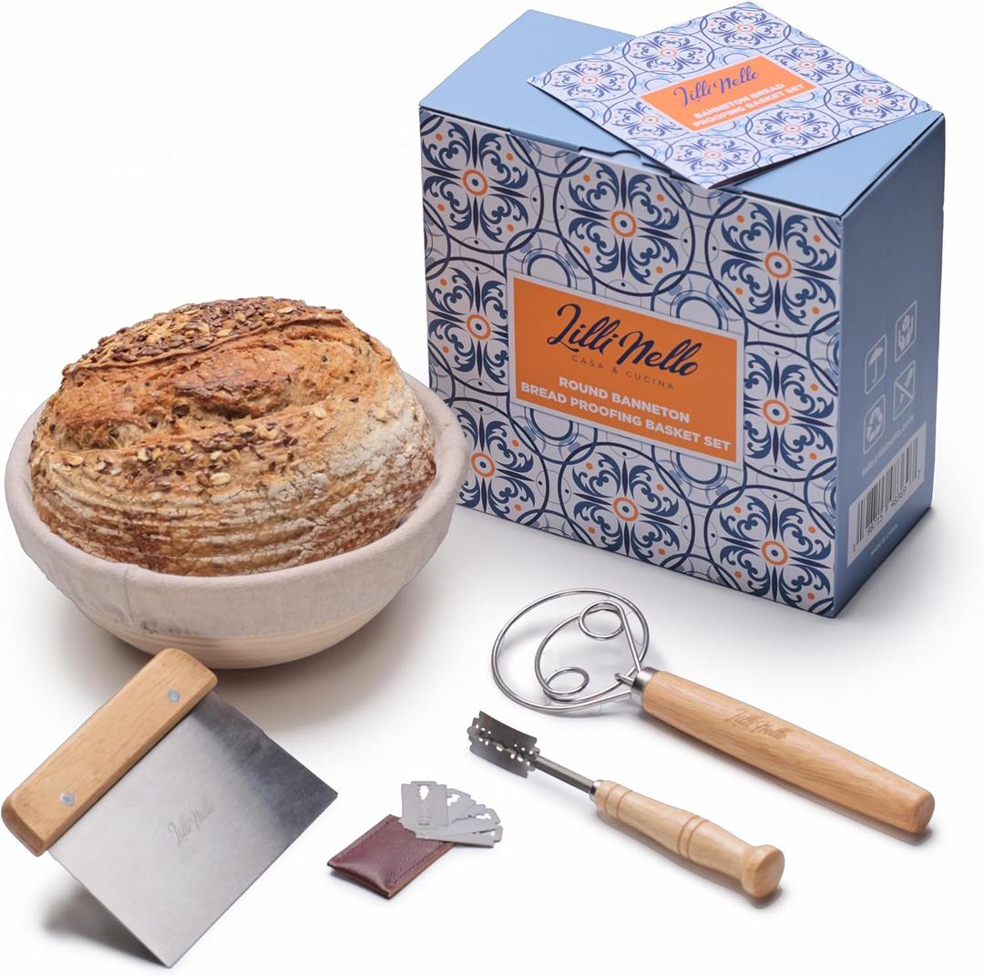 Round Banneton Bread Proofing Basket Set, Round 9" Sourdough Proofing Basket, Bread Making Tools, Bread Baking Supplies, Artisan Bread Kit, Sourdough Starter Kit, Gifts for Bakers