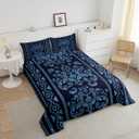 Comforter Set Queen Size,Navy Blue Aztec Damask 3 Pcs Bedding for Kids and Adults,Western Bohemian Baroque Goth Floral Victorian Comforter Sets with No Fitted Sheet 2 Pillowcases for Bedroom Bed Decor