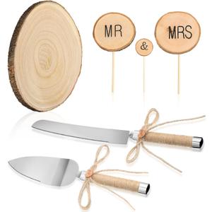 Beeveer 6 Pcs Cake Topper Knife Server Wooden Slice Set Rustic Wedding Decorations Mr and Mrs Cake Topper Table Decor for Bride Groom Valentines Day Glasses Anniversaries Centerpieces