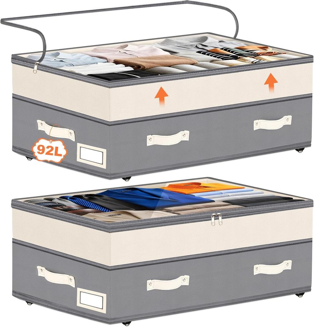 2 Pack Under Bed Storage with Wheels, 6in-10in Height Adjustable Underbed Storage Containers, 92L XXXL Under Bed Drawers Rolling Bin with Clear Lids for Dorm Shoes Clothes Organizers(Grey)