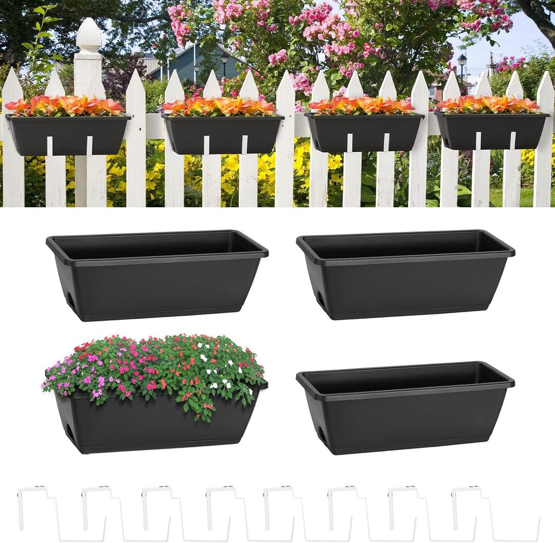 smusei Railing Planter Box 4 Pack Window Boxes Planters with Flower Box Brackets, 17 Rectangle Balcony Deck Railing Hanging Planters for Outdoor Fence Garden Patio Plants (Black+white Brackets)