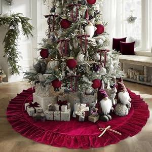Vertintong 60 Inches Velvet Christmas Tree Skirt Red with Gold Bow Fur Plush Tree Skirt Luxury Xmas Skirts for Merry Christmas Party Vintage Holiday Decorations