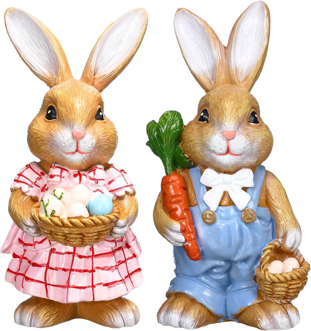 Moucuny 2 Pcs Easter Bunny Figurine Decor, Standing Spring Resin White Rabbit Couple Statue Tabletop Ornament, Festival Present for Garden Home Table Office Dining Room Mantle Party Supplies