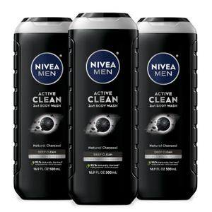 NIVEA Men Active Clean Body Wash with Natural Charcoal for Normal to Oily Skin, 3-in-1 Charcoal Body Wash, Face and Hair, Draws Out Dirt and Impurities, 16.9 Fl Oz Bottle, Pack of 3