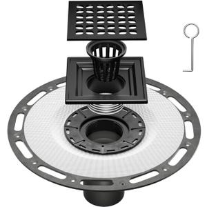 4 Inch Square Shower Drain Black with PVC Bonding Flange, Bonding Drain Shower Flange Kit 304 Stainless Steel Drain Grate for Low Profile Tiles, CUPC Certified