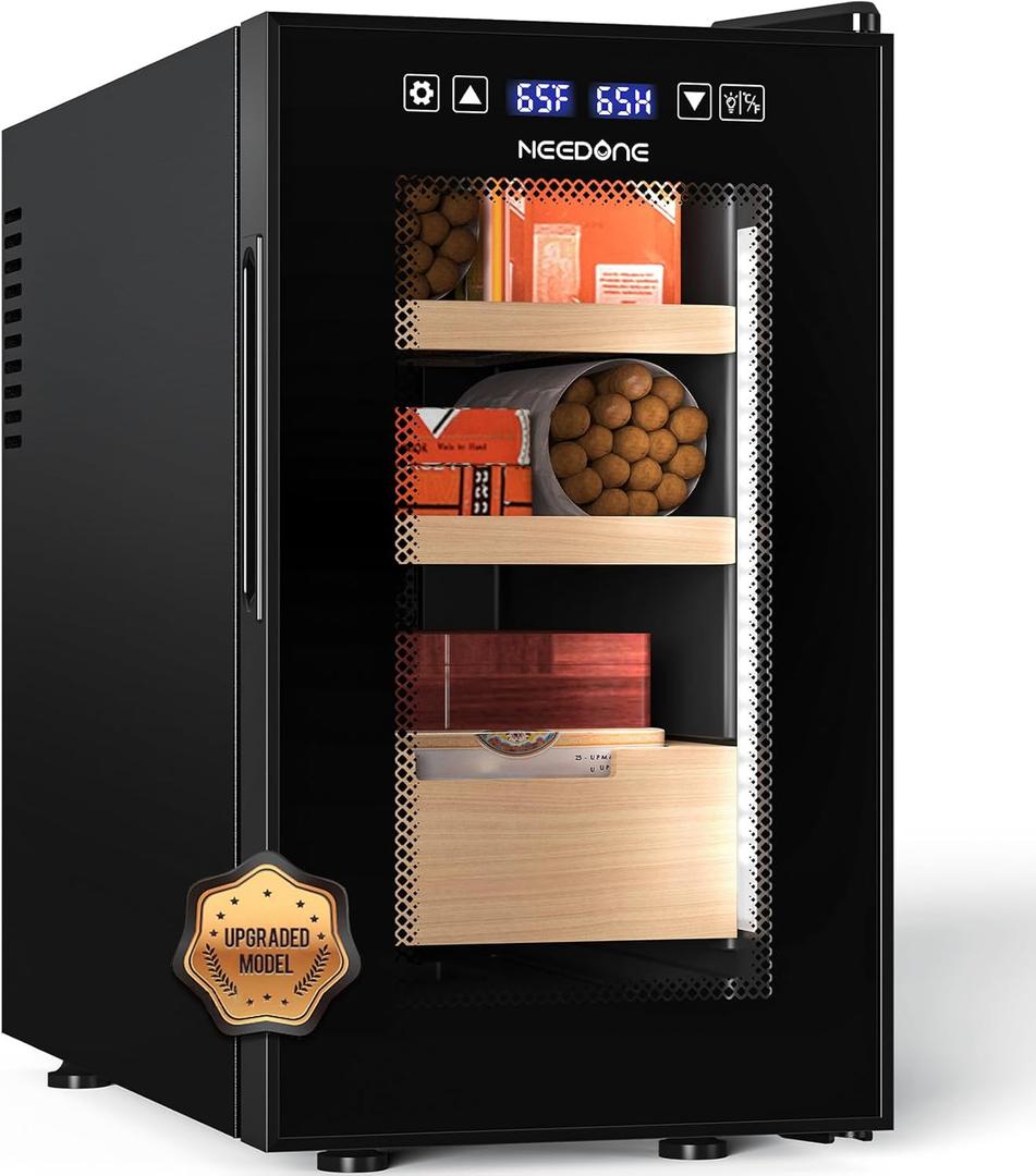 NEEDONE Electric Cigar Humidor 23L Pro 1S, Humidity, Heating, Cooling Quiet Smart Control, Thermostatic Cabinet for 150 Counts w/Spanish Cedar Wood Shelves Drawer, Hygrometer, Gifts for Men