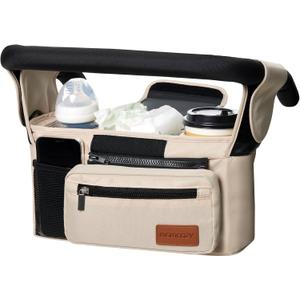 Momcozy Universal Baby Stroller Organizer, 2 Insulated Cup Holder, Detachable Zippered Pocket, Adjustable Shoulder Strap, Large capacity for baby essentials, Compact Design Fits Any Strollers (Khaki)