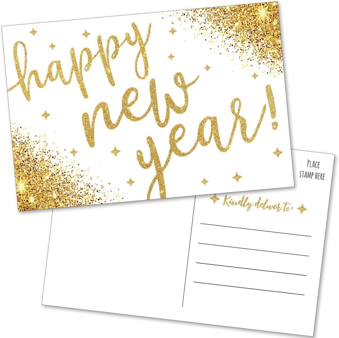 5 x T MARIE 50 Happy New Year Postcards - Faux Gold Confetti Post Cards Set for New Years Day 2025-2026 Bulk Thank You Notes for Family, Business, Clients, New Years Eve Party Invitations and More