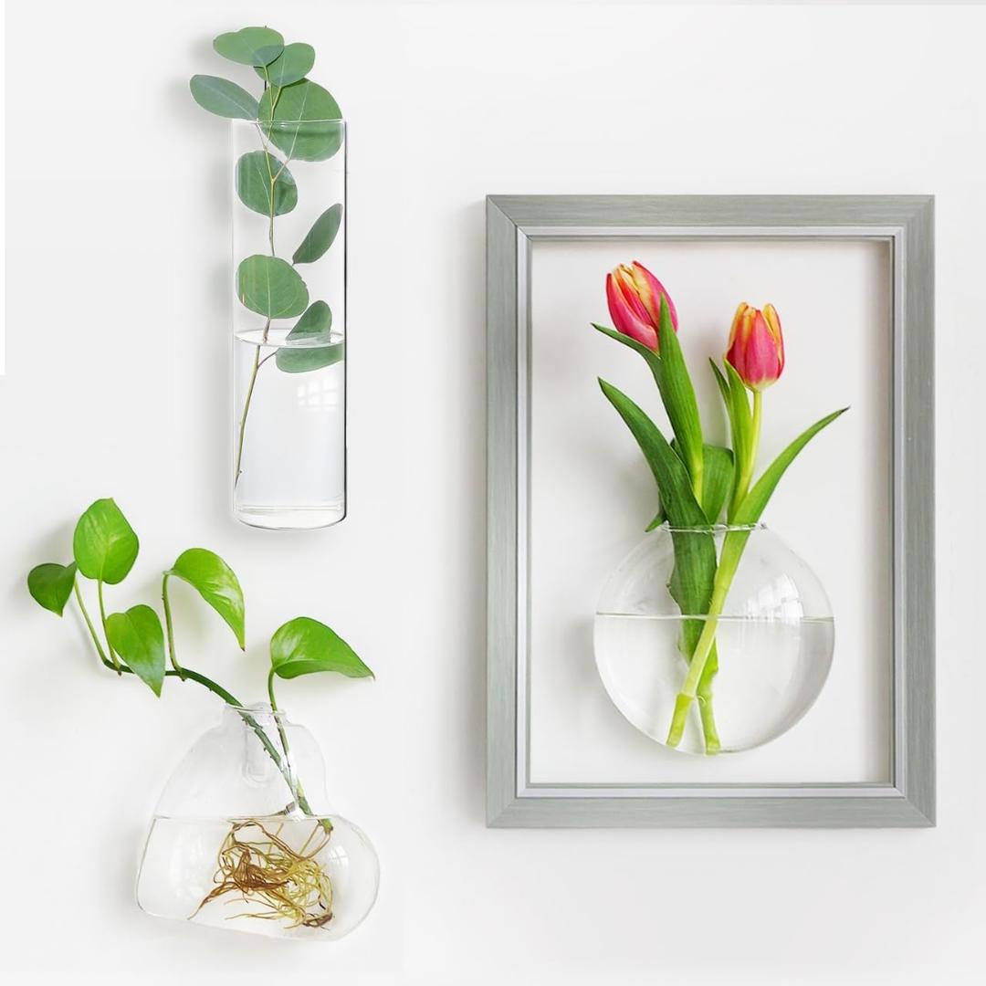 Glass Wall Hanging Planter Terrarium with Photo Frame Plant Propagation Station Glass Flower Vase for Hydroponics Plants, 3 Different Shape Sage Green Frame