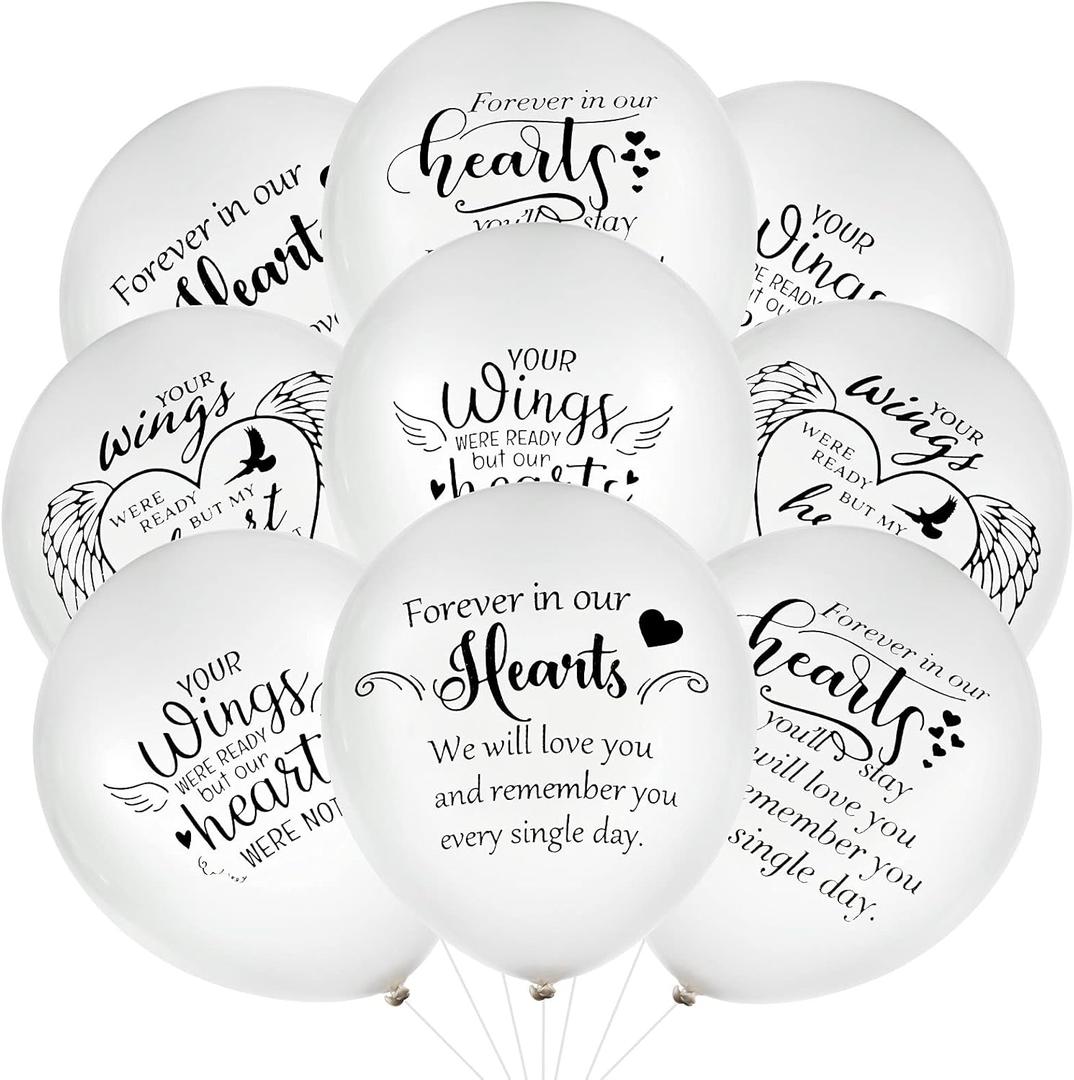 Cenkaiyang 60 Memorial Balloons - White Latex Balloons, 12" with White Ribbon for Funeral Decoration (Wing)