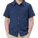 Jecson Boys Dress Shirts Short Sleeve Button Down Cotton Boys Collared Shirt with Pockets Dark Blue 7-8y