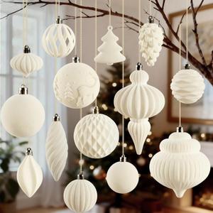 18Pcs Velvet Christmas Tree Ornaments Set, White Shatterproof Flocked Christmas Decorations Bulk for Tree, Classic Decorative Hanging Ball Ornaments for Xmas Holiday Home Party Decor (Beige)