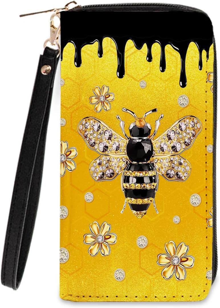 Bee-Themed Wallet for Women - Slim PU Leather Womens Wallet with Cash Zipper Coin Purse, Small Credit Card Holder Travel Wallet, Wristlet Wallets for Female Ladies Teen Girls Purse (Bee Lovers Gift)