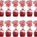 YQLXDHBD 12 Pcs Red Rose Flower Dessert Cupcake Topper，Birthday Mother's Day Valentine's Day Wedding Birthday Party Cake Decorations Supplies