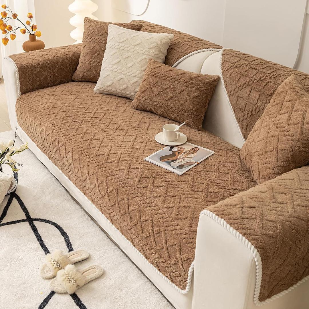 vctops Geometric Jacquard Plush Sofa Couch Covers Farmhouse Neutral Non Slip Sectional Couch Cover Soft Warm Sofa Slipcover for Dogs, Children, Pets Furniture Protector (Coffee,28"x28")