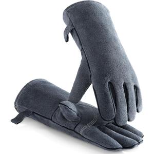 OZERO Welding Gloves 14 Inch, EN407 Certified Heat/Fire Resistant to 932F, Leather Gauntlet for MIG TIG Stick Welding, BBQ and Forge, Gray