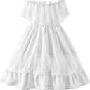 fioukiay Toddler Girl-Wedding-Princess-Maxi-Dress Boho Off Shoulder Lace Ruffle Dress Gowns Holiday Dresses (9-10 Years, White)