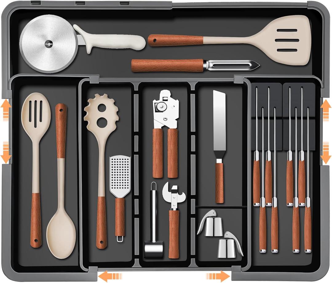 Homecor Utensil Drawer Organizer, Large Expandable Silverware Organizer for Kitchen Drawer, Cooking Utensils Tray Cutlery Flatware Holder with Removable Knife Blocks, Kitchen Gadgets Storage, Black