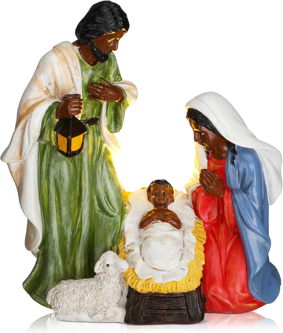 Thyle African Americans Nativity Set Indoor Decor for Christmas Black Nativity Scene LED Black Jesus Figurine Table Decor Mary Joseph Baby Jesus in Manger Religious Gifts