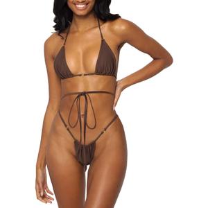 Women Halter String Bikini Set Sexy Thong Cheeky Two Piece Swimsuits Solid Color Bathing Swimwear