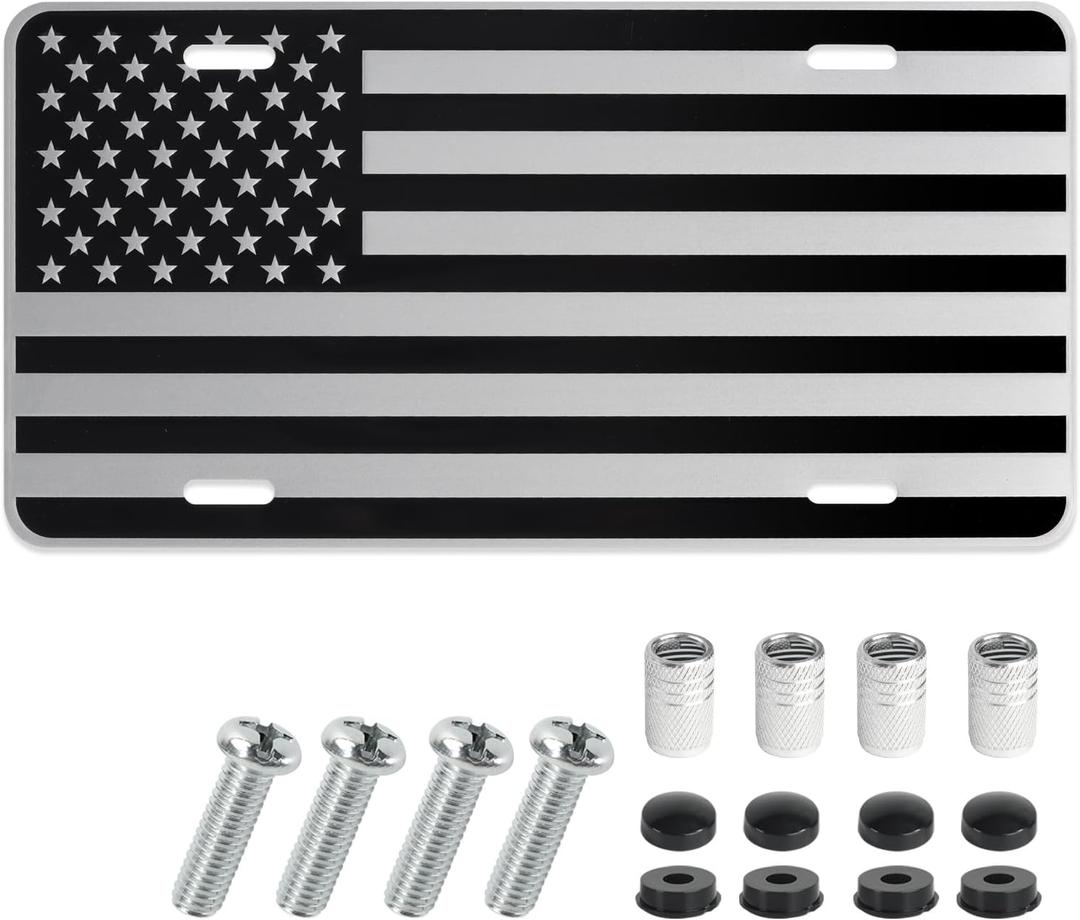 American Flag Front License Plate,Vanity Novelty Designs Decorative License Plates for Car and Truck,Aluminum Metal Car Patriotic Licence Plate Tags with Screws & Caps, 6 x 12 inch (Silver)