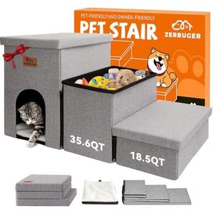 Zerbuger Dog Stairs with Condo 18" H, 3-Step Wider Dog Steps for High Beds Couch, Folding Storage Pet Stairs Gift for Small/Medium/Large Old Dogs Cats, Ramp for Climbing Car Up to 200 lbs, Smok Gray Zerbuger Dog Stairs with Condo 18" H, 3-Step Wider Dog Steps for High Beds Couch, Folding Storage Pet Stairs Gift for Small/Medium/Large Old Dogs Cats, Ramp for Climbing Car Up to 200 lbs, Smok Gray