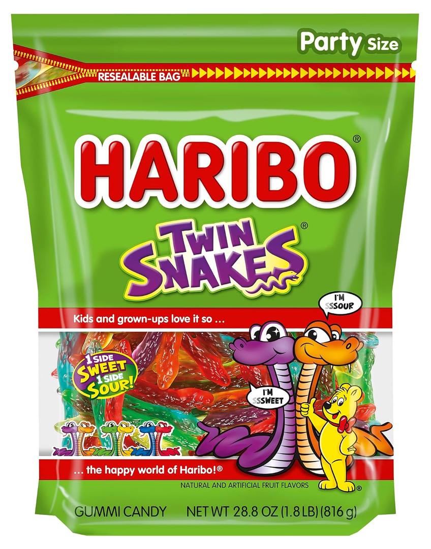HARIBO Gummi Candy, Twin Snakes Sweet & Sour Gummy Candy, 28.8 Ounce Resealable Party Size Stand Up Bag, Soft & Chewy Snacks, Assorted Fruity Flavors, BB: 08/2027
