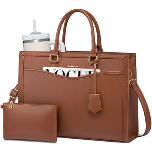 LOVEVOOK Laptop Tote Bag for Women, Office Work Bag Briefcase fit for 15.6 inch Laptop, Large Capacity Teacher Bag Handbag (Leather/Brown)