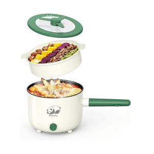 Electric Hot Pot with Steamer, Portable Nonstick Frying Pan with Dual Power Control, Electric Shabu Shabu Cooker for Noodle, Oatmeal, Pasta, Ramen, 1.5L (Green D)