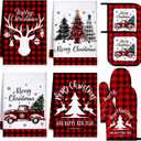Leinuosen 8 Pcs Christmas Kitchen Decoration Set Christmas Tree Kitchen Towels Oven Mitts and Pot Holders Red Black Buffalo Plaid Dish Towels Oven Mitts Accessories for Baking Cooking(Red,Elk)
